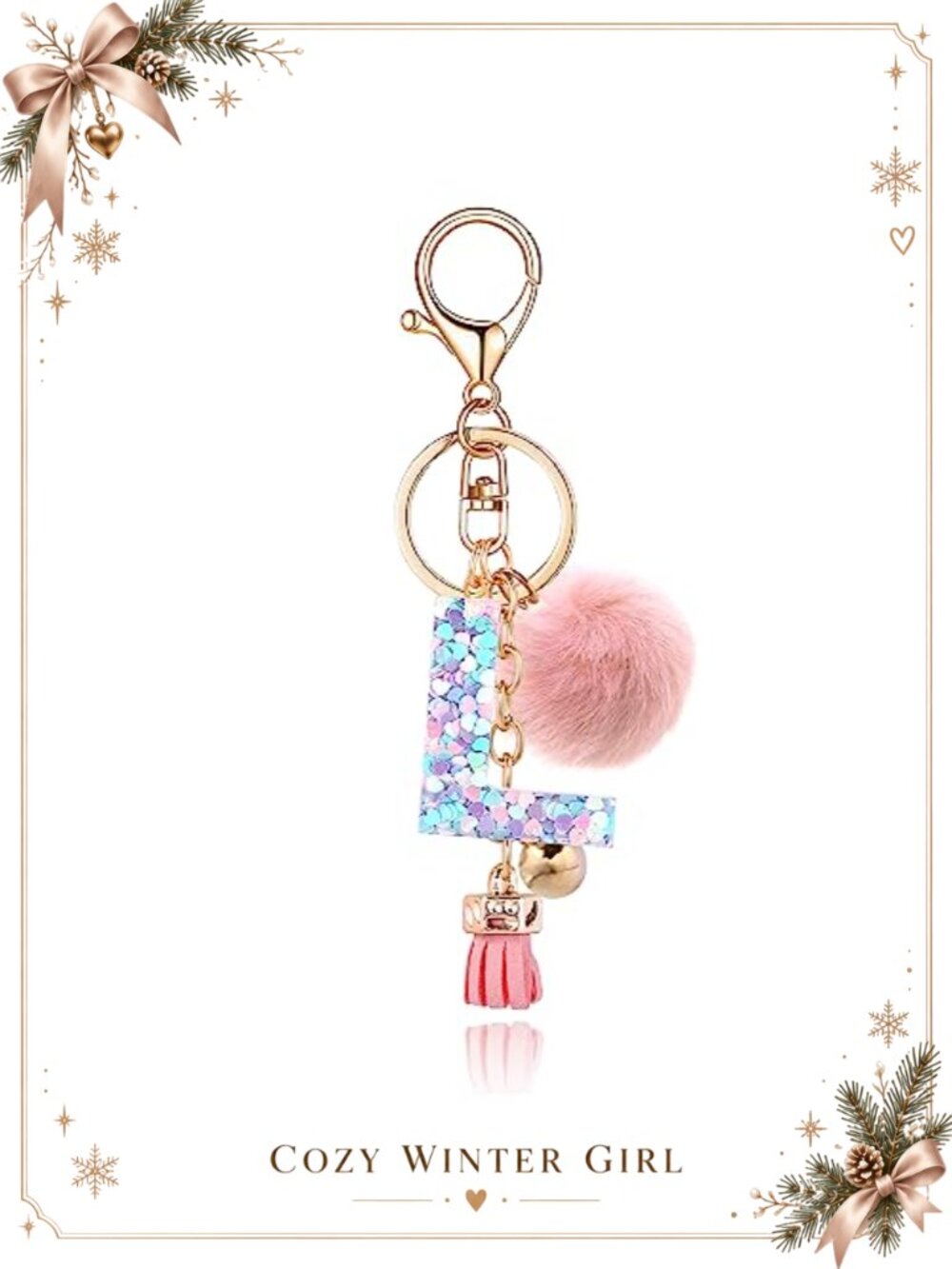 Resin Alphabet Initial L Keychain Faux Rabbit Fur Ball Pom Purse Charm